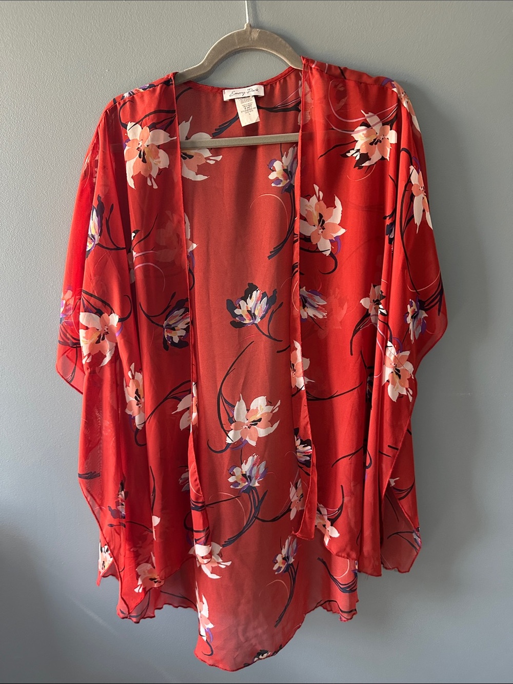 Red Floral Open-Front Kimono Jacket